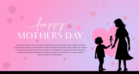 Mother's day vector illustration. a boy gives flowers to his mother. Horizontal banner on a pink background with floral ornament and hearts. Happy Mother's Day. Vector 01