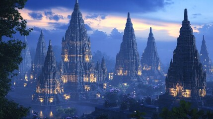 Obraz premium Ancient city glows under a twilight sky. Stone structures, lit, rise over a misty river valley. Lush trees frame the scene