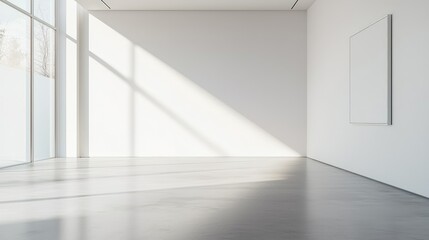 Fototapeta premium sunlit art gallery featuring a blank white wall, where soft light dances across the floor, perfect for showcasing large art pieces.