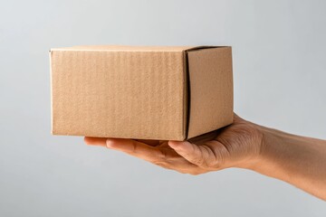 Hand Holding a Cardboard Box Against a Neutral Background, Ideal for E-Commerce, Shipping, Packaging, Delivery, or Online Shopping Themes
