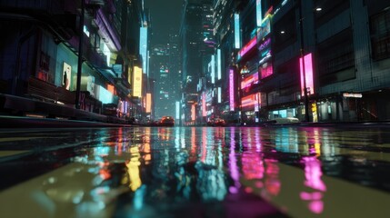 Cyberpunk city avenue glowing with vibrant neon signage and colorful reflections on wet streets, ideal for sci-fi concepts, game design, and futuristic digital environments