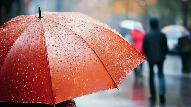Rainy Day: Red umbrella with raindrops and blurred pedestrians
