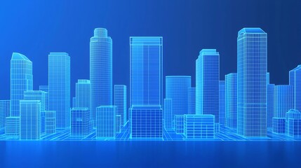 Blue wireframe city skyline rendering illustration against blue background