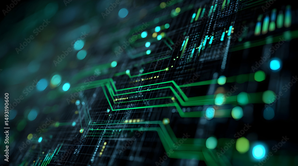 Poster abstract digital circuit board with glowing lines and dots representing data flow and connectivity