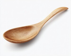 A light brown wooden serving spoon rests on a white background.  The spoon's natural grain is visible.