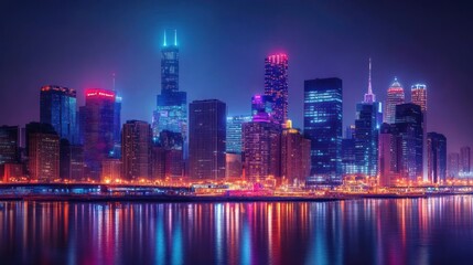 Obraz premium Vibrant city skyline at night, illuminated with colorful lights reflecting on the water