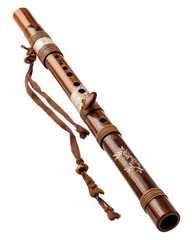 Naklejka premium Intricate bamboo flute with brown tones and etched details, a traditional musical instrument.