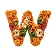 Artistic letter W made from colorful dried pasta arranged with flowers for creative food art design