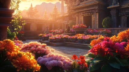 Vibrant floral courtyard of ancient temple at sunset