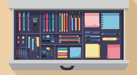 Organized Drawer With Colorful Stationery Supplies