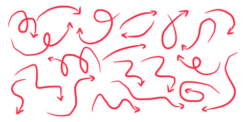 Collection of Hand-Drawn Red Arrows Diverse Curvy and Straight Arrow Designs for Various Applications