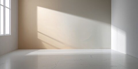 Minimalist interior space with sunlight streaming through windows highlighting the clean lines and textures of the walls and floor