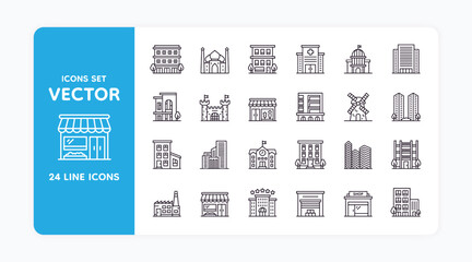 City icons. Line stroke building. School and hotel. Town government and business factory. Urban downtown. Midtown district. Apartments architecture. Real estate. Vector symbols set