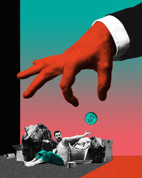 Red hand drops small coin to homeless man surrounded by trash. Contemporary art collage. Concept of poverty, inequality, limited resources, world crisis, economy. Photocopy effect.