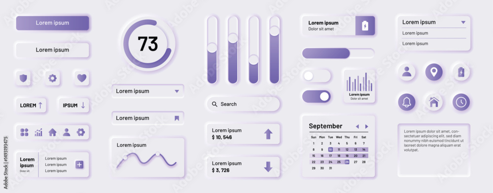 Poster UI buttons. Interface design elements. Web app kit or website calendar icons. User application template. Browser search bar. Indicator graph. Vector application Neumorphic symbols set