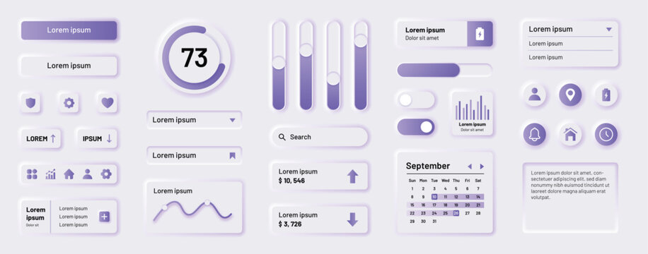 UI buttons. Interface design elements. Web app kit or website calendar icons. User application template. Browser search bar. Indicator graph. Vector application Neumorphic symbols set