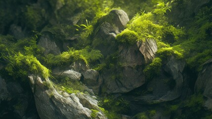Lush mossy rocks in a sunlit forest