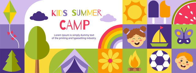 Summer camp. School camping poster. Geometric flyer with sport play and games. Child education. Scout hiking travel with tent and backpack. Children holidays. Vector collage background