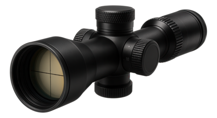 Black tactical rifle scope with adjustment knobs and crosshair lens, designed for precision targeting on transparent background.