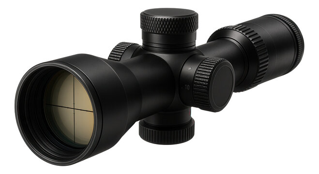 Black tactical rifle scope with adjustment knobs and crosshair lens, designed for precision targeting on transparent background.