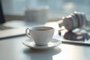 Aesthetic Close-Up of a White Coffee Cup on a Minimalist Desk Next to a Laptop and Headphones in a Bright and Cozy Workspace Setting