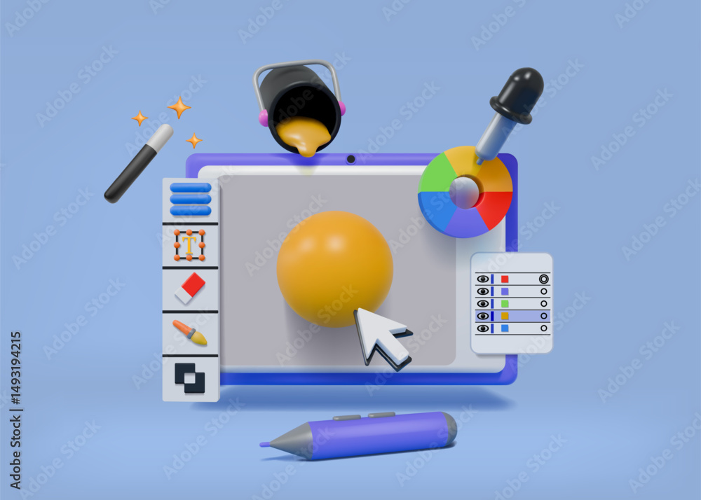 Poster Graphic design tools. 3D tablet icon. Illustrator create UX UI web desk. Professional webdesign interface. Computer screen. Website designer. Paint software customization. Vector concept