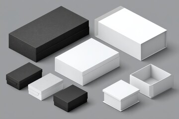 Fototapeta premium Aesthetic Collection of Minimalist Gift Boxes in Various Sizes and Colors Arranged on a Soft Gray Background for Creative Packaging Solutions