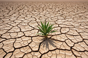 A small succulent plant grows out of a crack in the desert ground, highlighting its ability to thrive in harsh environments