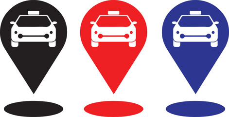car icon, GPS icon, location icon, vector illustration, minimalist design, simple shapes, geometric shapes, red, black, blue