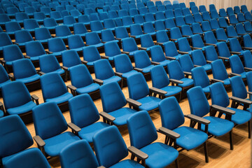 Fototapeta premium Rows of blue chairs in a large auditorium setting
