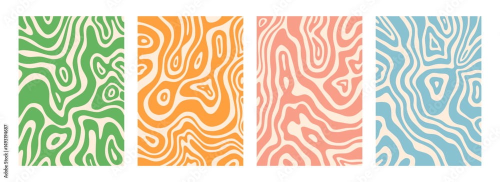 Poster Psychedelic pattern. Wave swirl texture. Line trippy or wavy disco design. Groovy ornament. Liquid ripple. Distorted shapes. Y2K backdrop. Hallucinogen splash. Vector backgrounds set