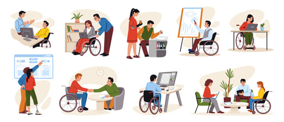 Disable people work. Diverse business team. Inclusive person character. Handicapped man on wheelchair sitting at computer. Woman with prosthesis presenting project. Vector cartoon set
