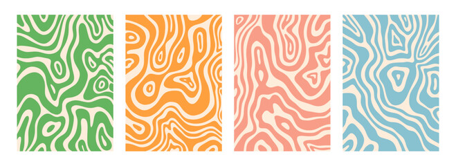 Psychedelic pattern. Wave swirl texture. Line trippy or wavy disco design. Groovy ornament. Liquid ripple. Distorted shapes. Y2K backdrop. Hallucinogen splash. Vector backgrounds set
