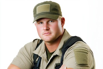 Portrait of a Serious Man in Tactical Gear with Backpack and Cap Studio Shot on White Background