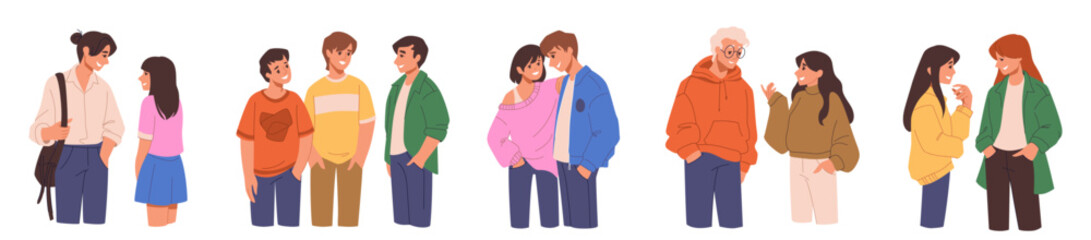 People talk. Friend couple speak, woman and man friend persons meet in dialogue. Young chat happy characters standing together, conversation and discussion. Vector cartoon flat set