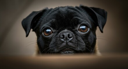 Close up portrait of a black pug with big brown eyes looking at the camera with a curious expression, half of the face is visible.