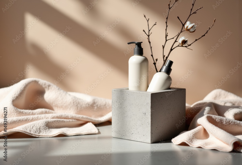 Poster elegant skincare products displayed in a minimalist setting with soft textures