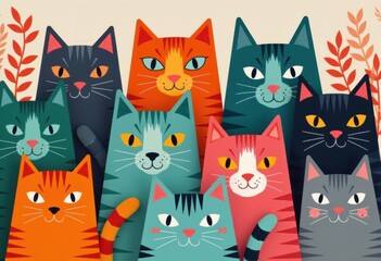 A colorful illustration featuring a group of playful and cheerful cats