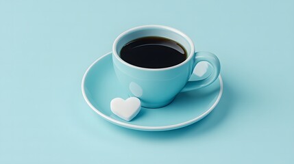 Romantic Coffee Break Blue Cup Saucer and Heart Shaped Sugar on Light Blue Background
