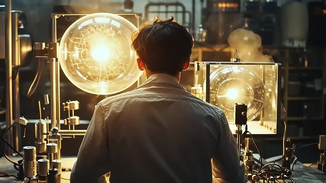 The Ingenious Mind: A Scientist's Back View in a Retro Lab
