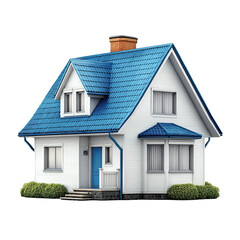A cozy white house with a vibrant blue roof. A beautiful and idyllic home with windows and landscaping