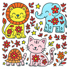 Kawaii Otomi Art Coloring Page – Cute Sun, Moon, Stars & Flowers (8.5" x 8.5" PDF)