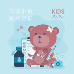 Cartoon unhealthy teddy bear, cute animal toy need treatment, kids medical banner. Funny bear animal with medical tools - stethoscope, drugs, thermometer.