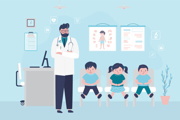 Pediatric clinic. Sick children are sitting in medical office room. Queue at hospital to see doctor. Male physician and illness kids. Hospital room interior. Healthcare