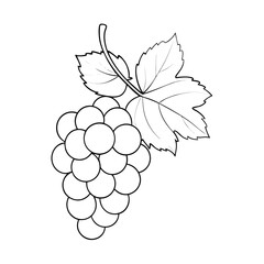 Black and White Line Drawing of a Grape Bunch with Leaves – Fruit Illustration"

