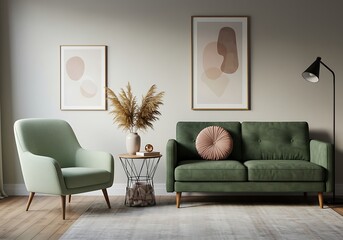 Living room with green sofa and chair