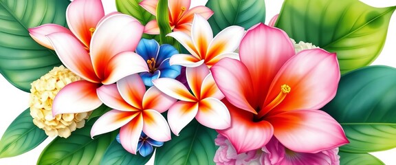 Fototapeta premium Vibrant digital watercolor bouquet of tropical flowers including plumeria, calla lilies, hydrangea, and monstera leaves, isolated on white, illustration, botanical illustration