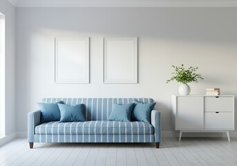 Naklejka premium Living room with striped blue sofa