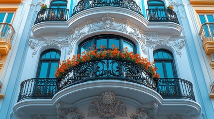 Ornate building facade with balconies and flowers