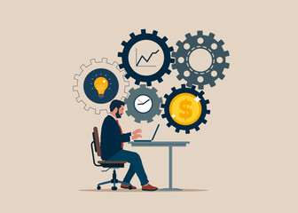 Software engineer with cog gear production. Optimize cost and expense for better profit strategy. Vector illustration